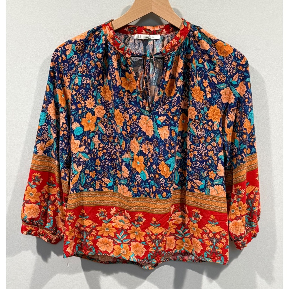 Grifflin Paris Floral Boho Blouse Navy Red Orange Tie Neck Long Sleeve Size M